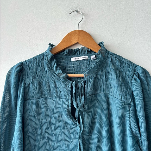 Vintage Notations Blouse Teal Smocked Lined Button Cottage Peasant Romantic LG - Picture 4 of 11